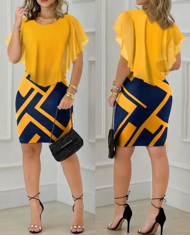 Geometric Print Ruffle Hem Bodycon Skinny Mini Dress