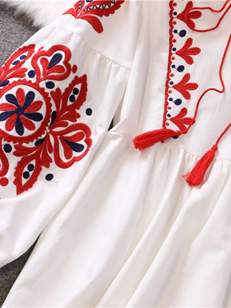 Retro Ethnic Embroidered Dress - Lantern Sleeves Bohemian Holiday Dress