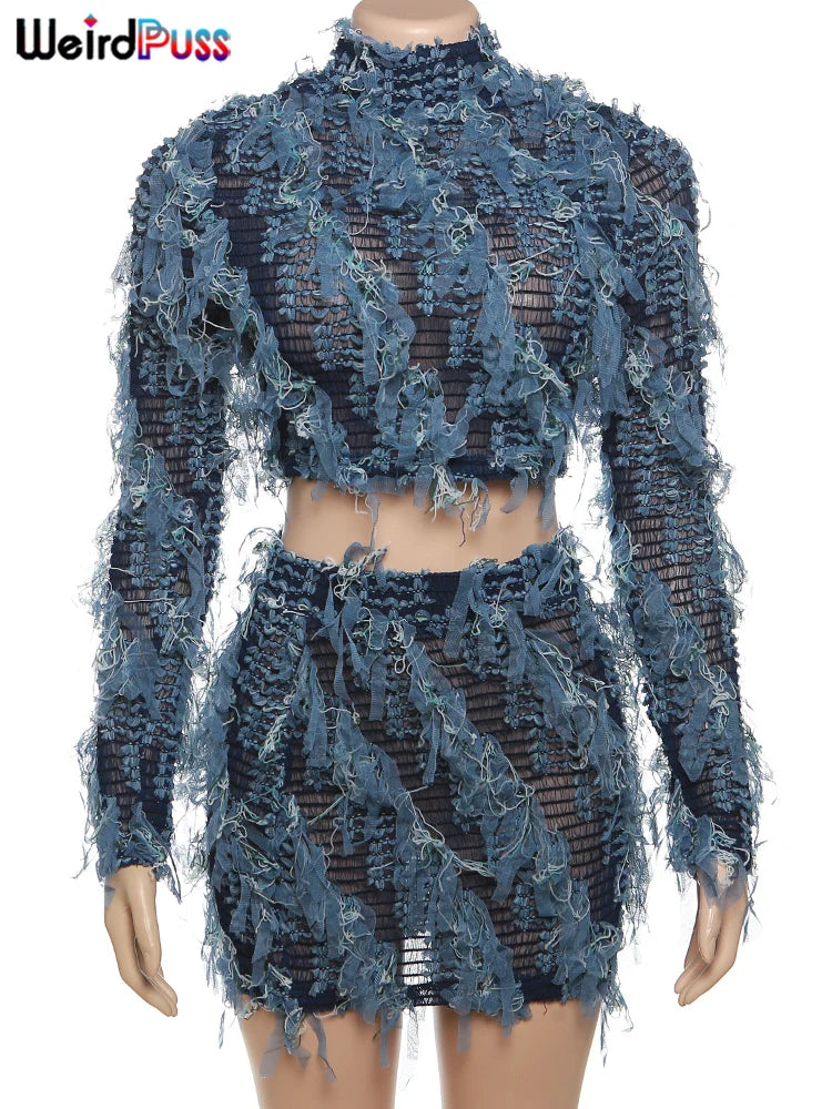 Two-Piece Club Wear Set - Elastic Tassel Thin Crop Top + Skinny Skirt