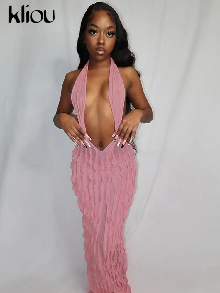 Kliou Solid Elegant Halter Maxi Dress - Sexy Cleavage Deep V-Neck Backless Skinny Robe