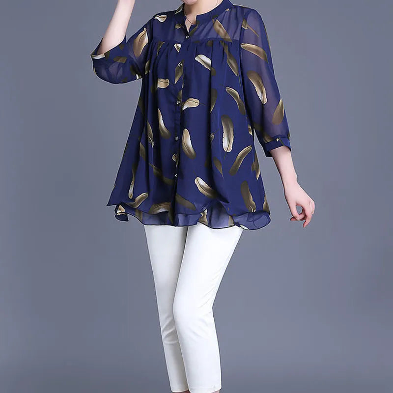 Women's 3/4 Sleeve Casual Printed Chiffon Blouse