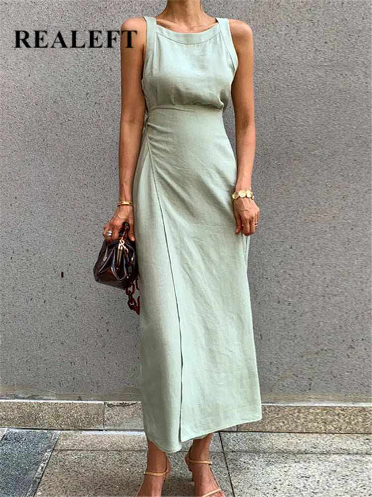 REALEFT Vintage Lace-Up Maxi Sashes Sleeveless Female Tank Beach Dress