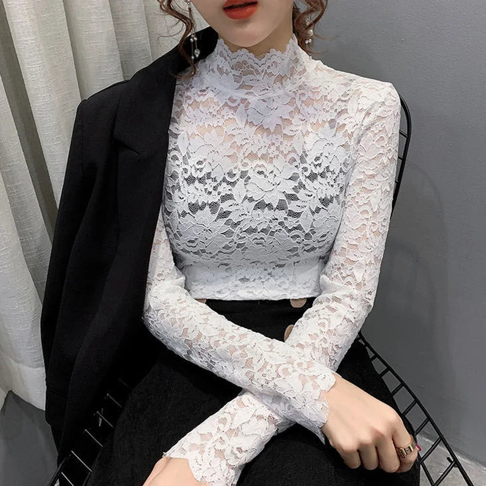 Stretch Floral Lace Petal Long-Sleeve Top