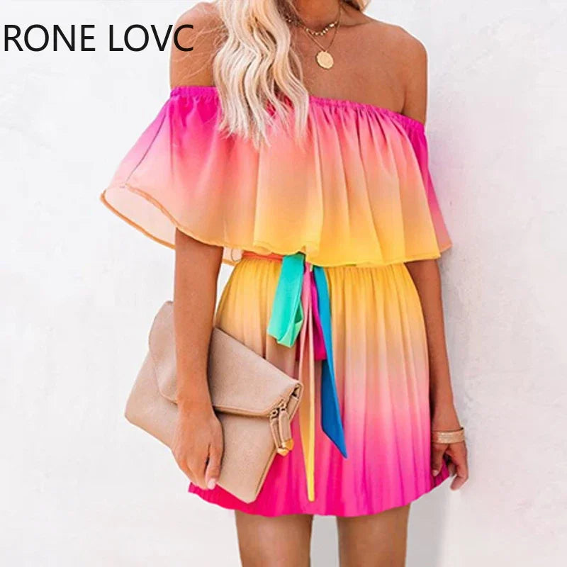 Chic Gradient Colour Tie-Dye Off-Shoulder Ruffles Mini Dress