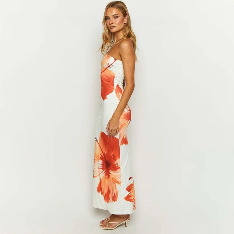 Cutenova Flower Printed Tubeless Long Dress