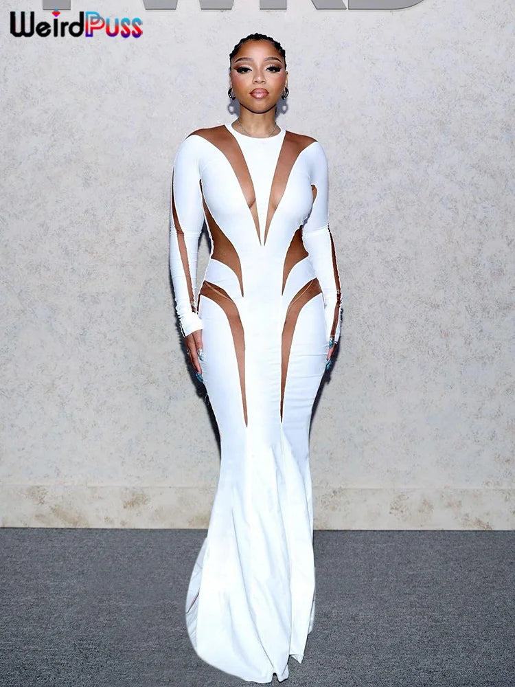 Mesh Patchwork Elegant Long-Sleeve O-Neck Maxi Bodycon