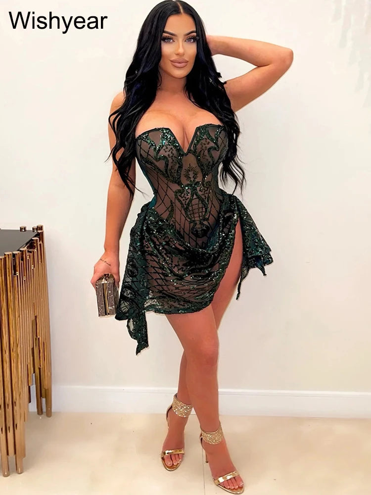 Luxury Sequins Strapless Irregular Bodycon Mini Dress
