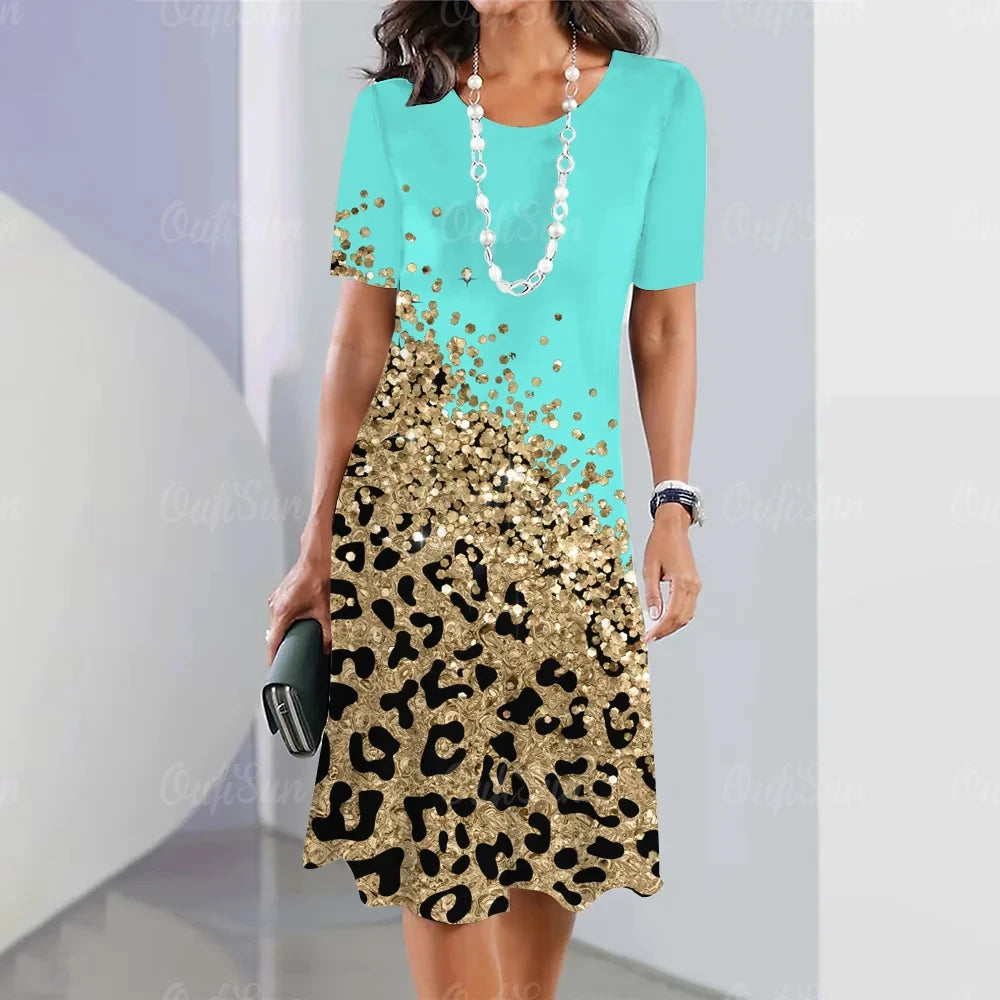 Leopard Print O-Neck Midi Dress