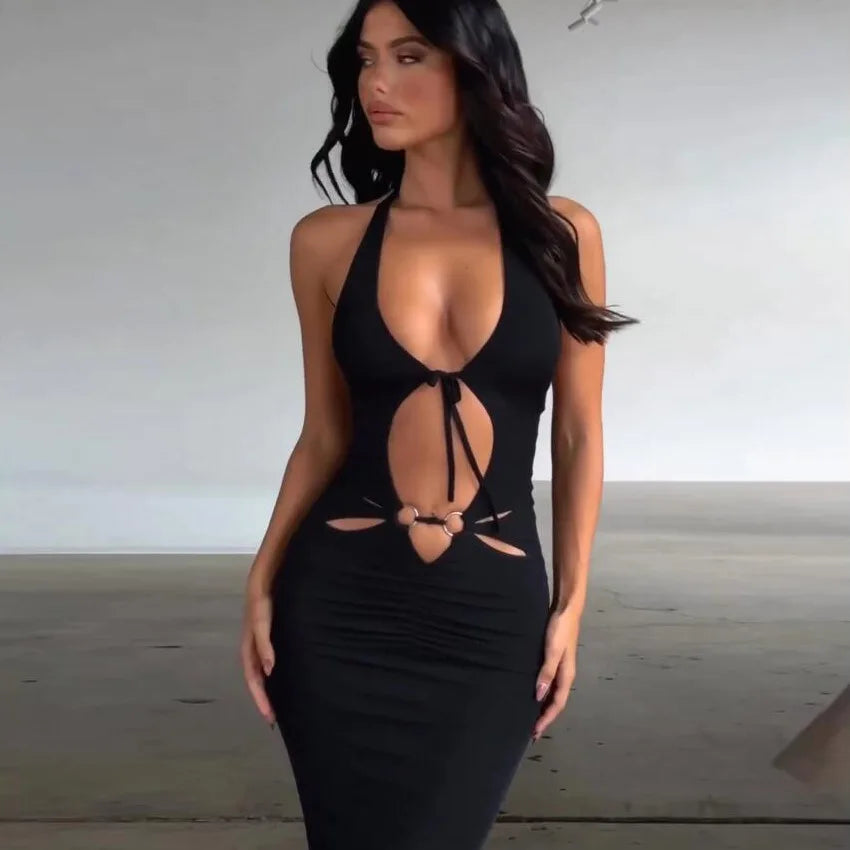 Backless V-Neck Lace-Up Slim-Fit Hollow-Out Slit Dress