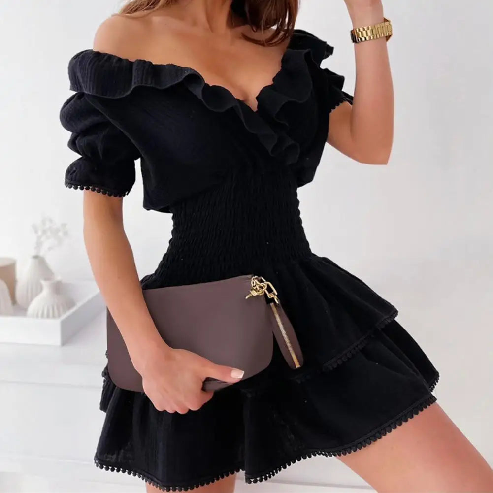 Comfortable Elastic-Waist Ruffled Short-Sleeve Mini Cake Dress