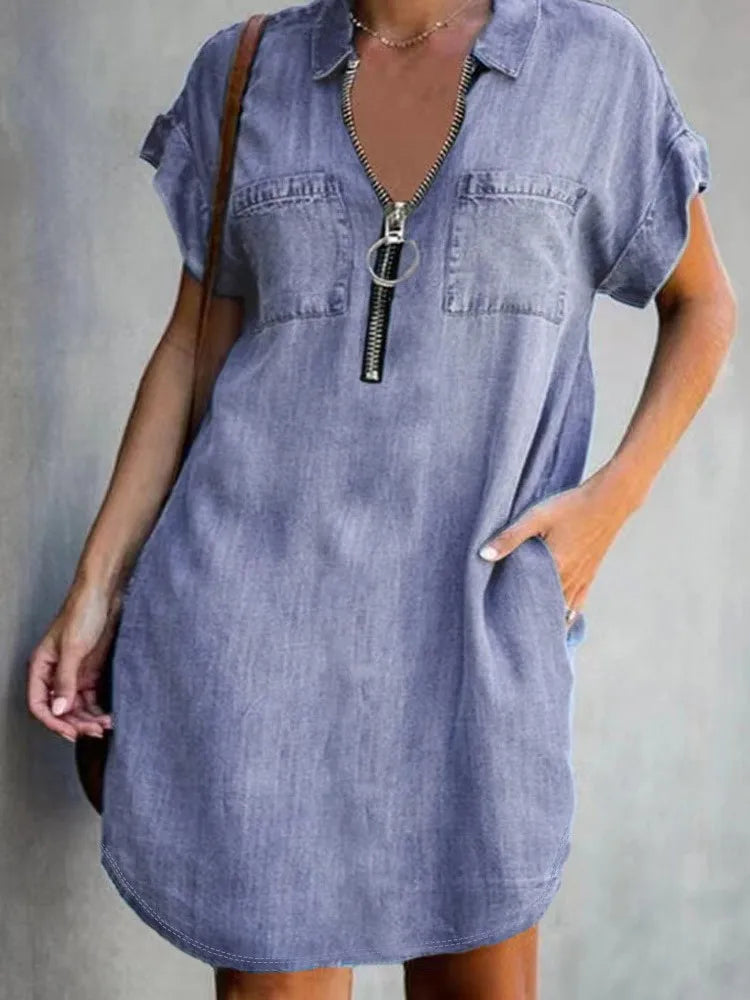 Short-Sleeve Turn-Down Collar Zipper Loose Dress - Imitation Denim