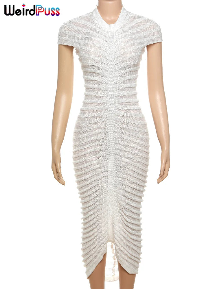 Knit Short-Sleeve Elegant Striped See-Through Solid Skinny Elastic O-Neck Bodycon Dress