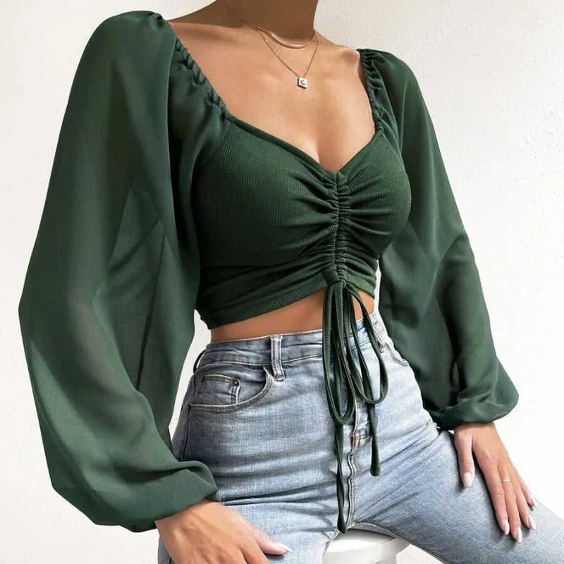 Puff-Sleeve Close-Fitting Lace-Up Top