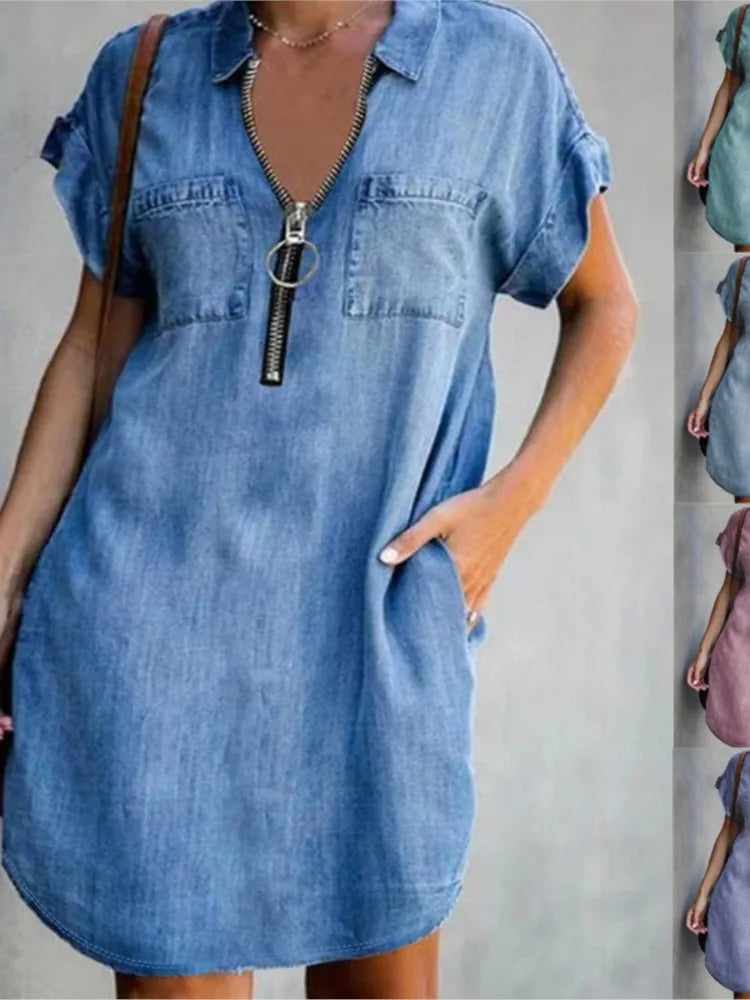 Short-Sleeve Turn-Down Collar Zipper Loose Dress - Imitation Denim