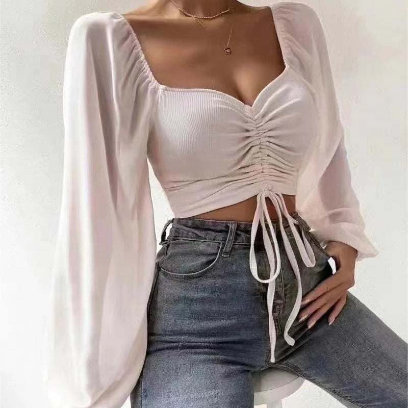 Puff-Sleeve Close-Fitting Lace-Up Top