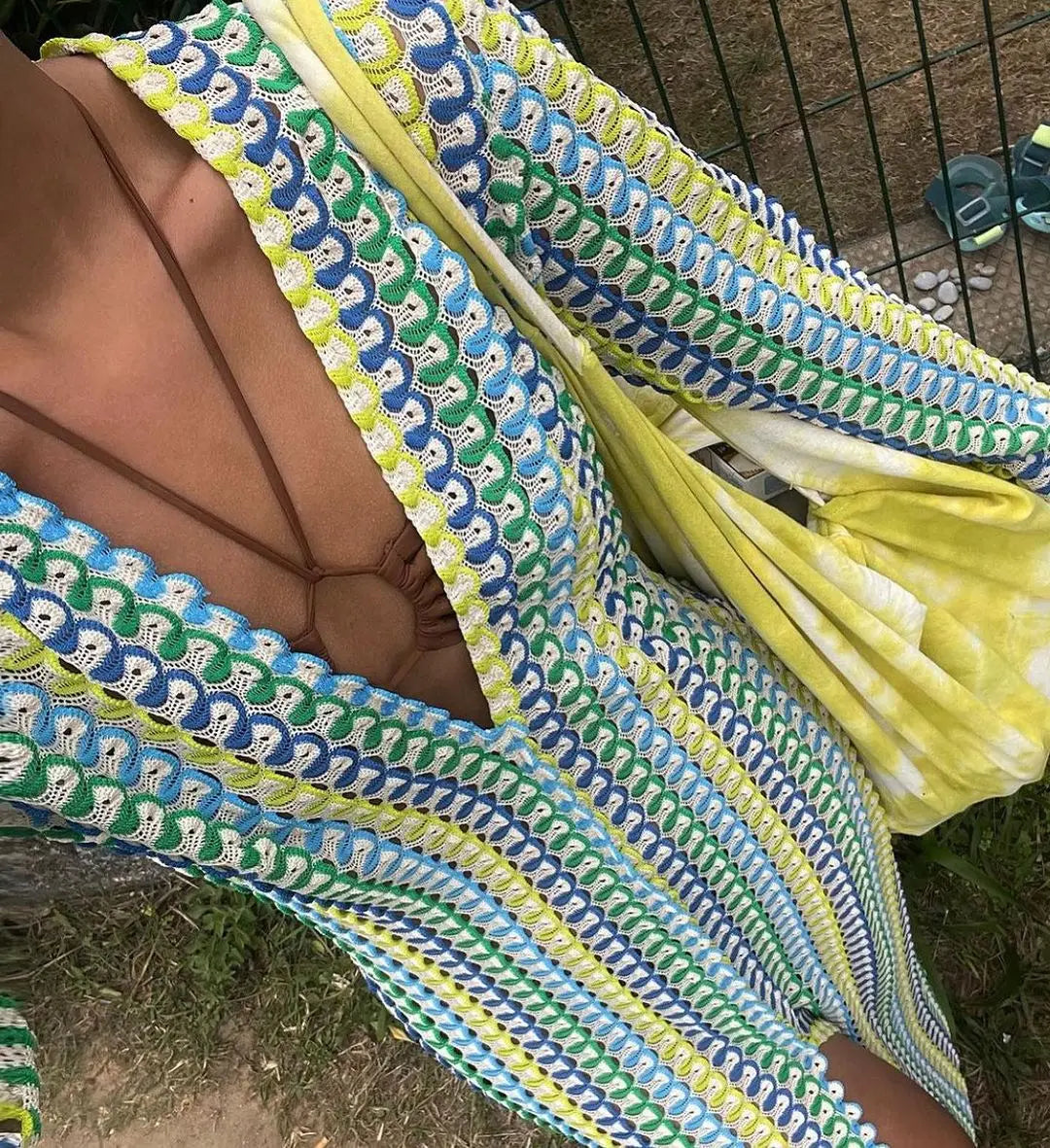 Crochet Colourful Stripe Maxi Women's Dress - Flare-Sleeve V-Neck High-Split Sexy Long Dress