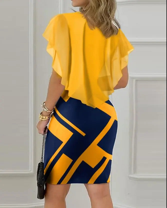 Geometric Print Ruffle Hem Bodycon Skinny Mini Dress