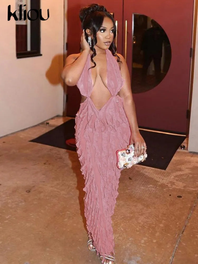 Kliou Solid Elegant Halter Maxi Dress - Sexy Cleavage Deep V-Neck Backless Skinny Robe