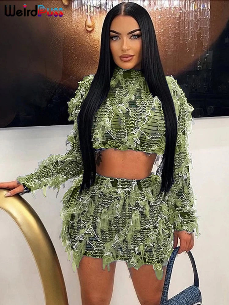 Two-Piece Club Wear Set - Elastic Tassel Thin Crop Top + Skinny Skirt