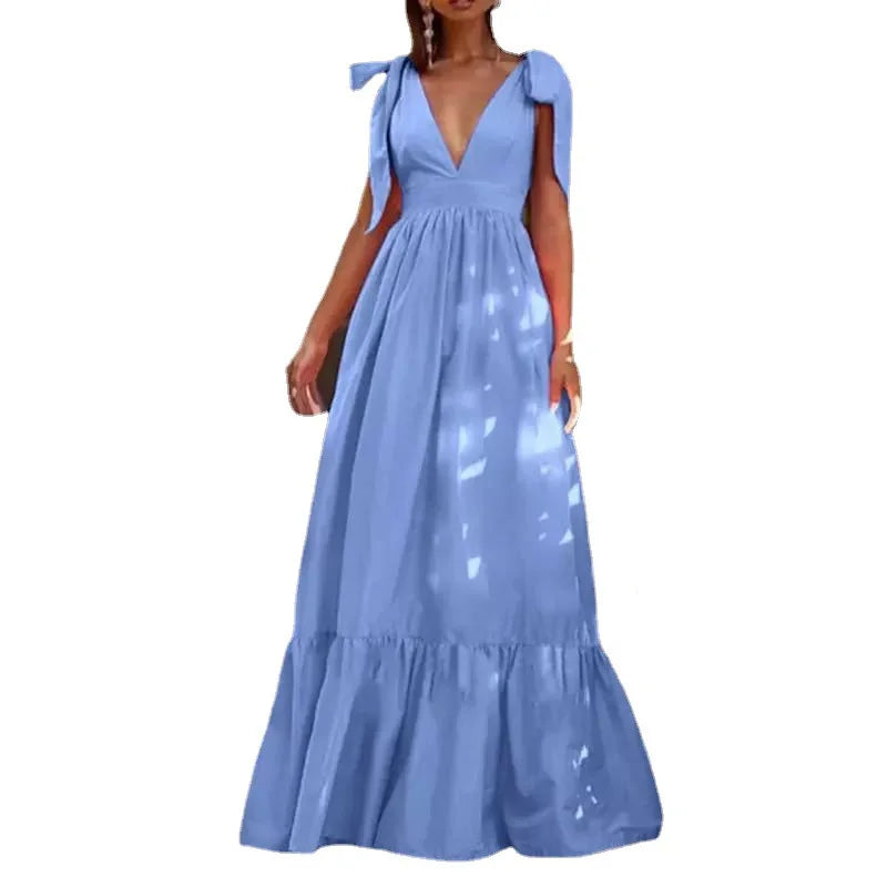 High-Waist Vintage V-Neck Long Dress
