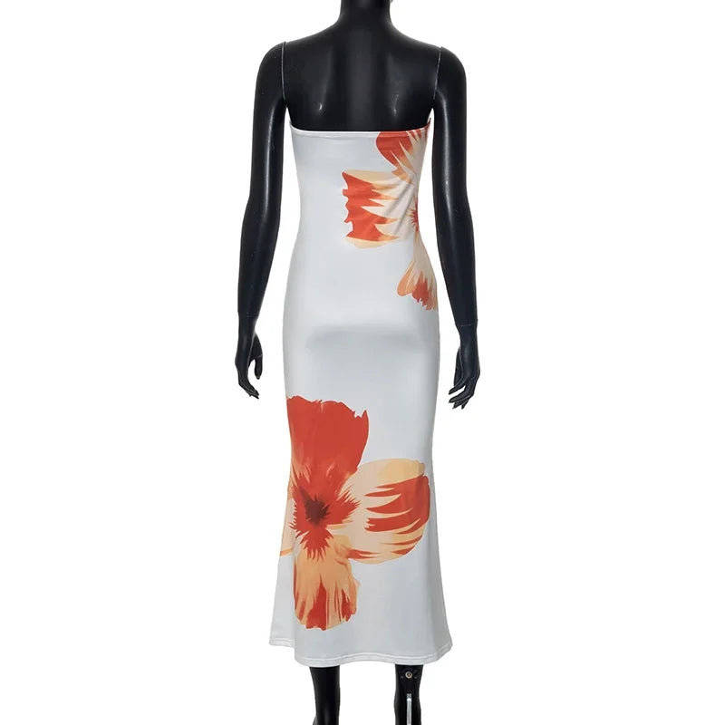 Cutenova Flower Printed Tubeless Long Dress