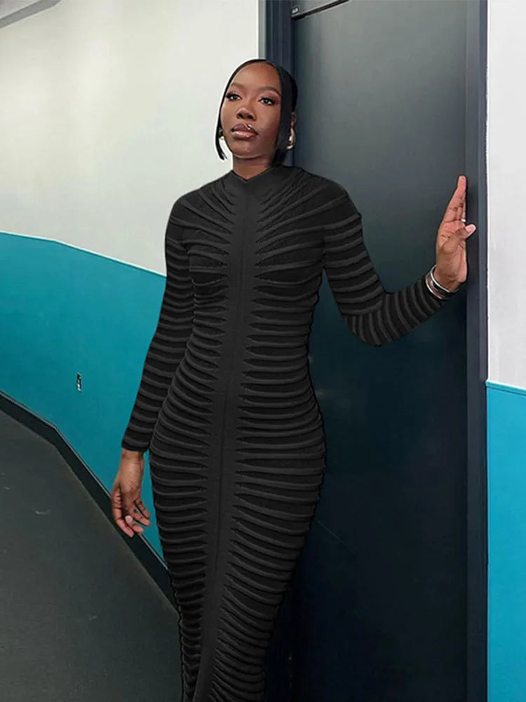 Sexy Knitted Long-Sleeve Hip Package Slim Midi Elegant Dress