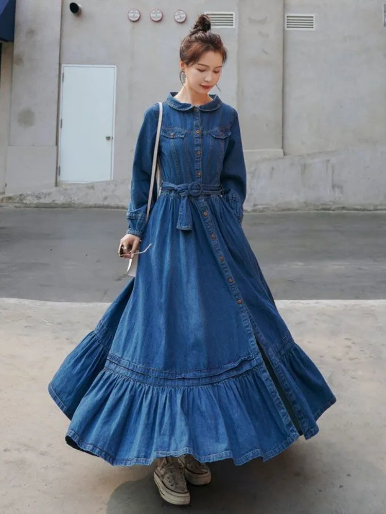 French Retro Denim Robe - Solid Large-Skirt Hem Long Dress