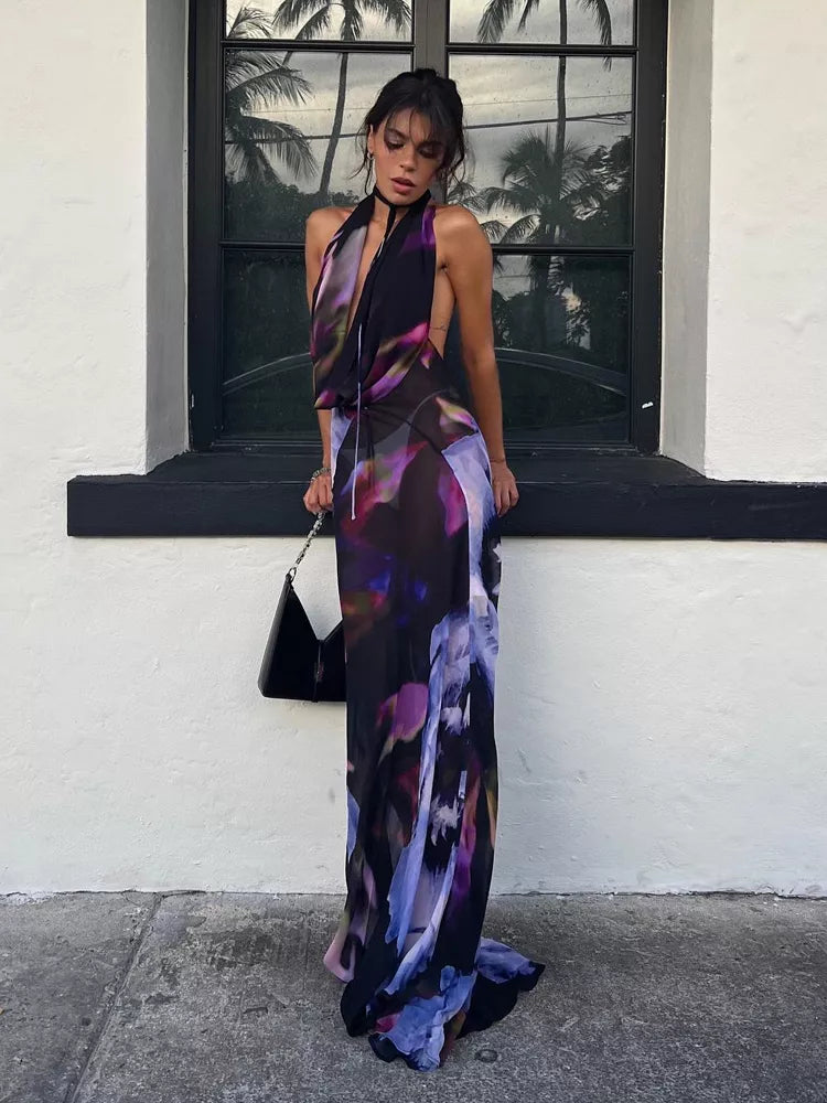 Backless Maxi Print Halter Bodycon Dress