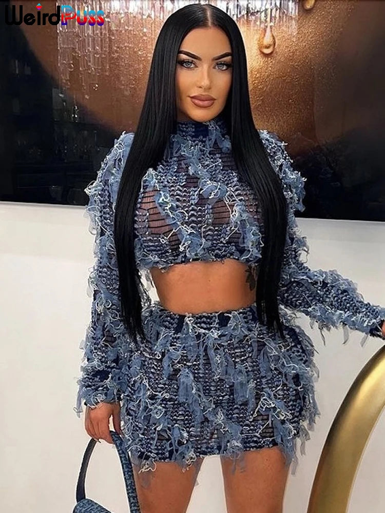 Two-Piece Club Wear Set - Elastic Tassel Thin Crop Top + Skinny Skirt