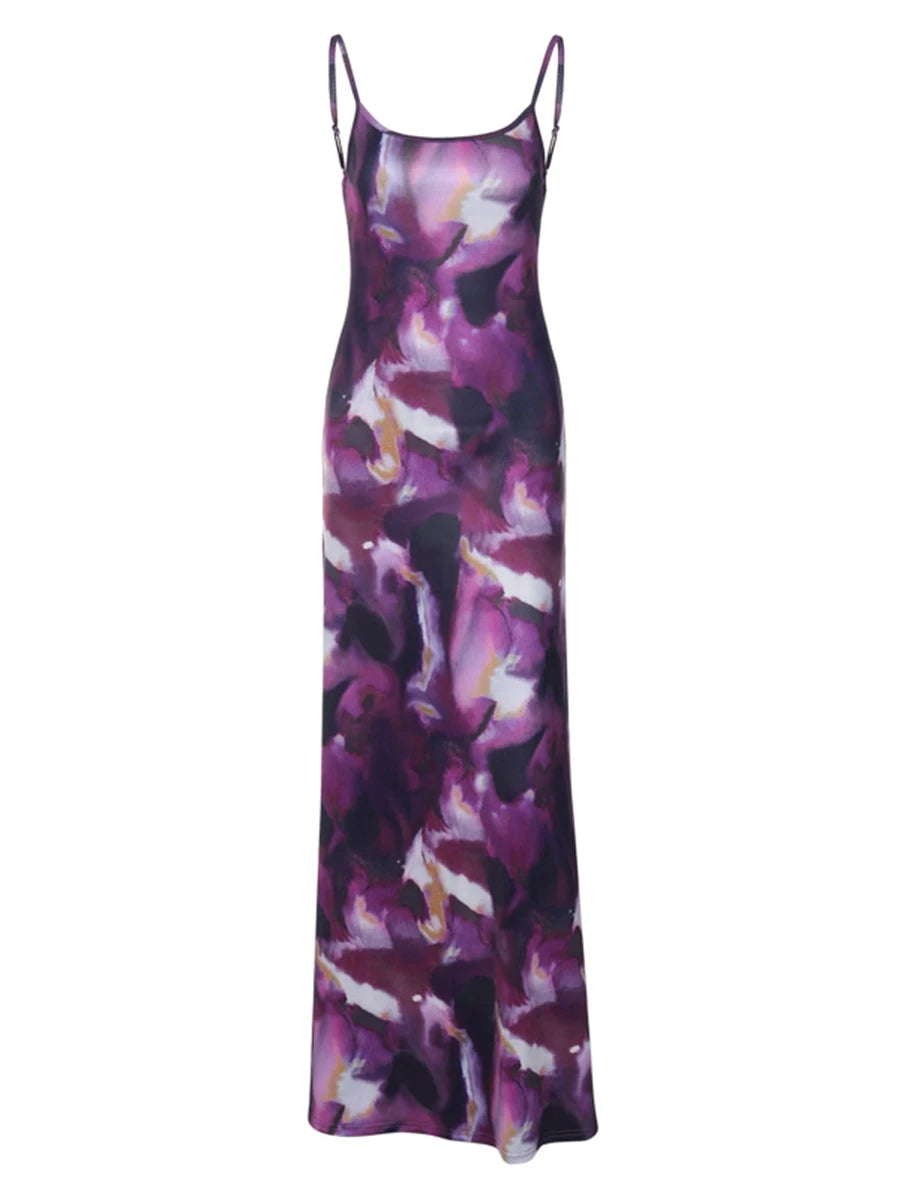 Tie-Dye Print Spaghetti Strap Sleeveless Backless Party Cami Y2K Maxi Dress