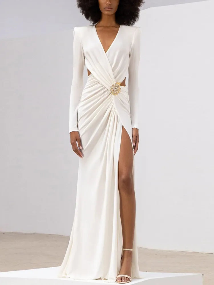 Long-Sleeve V-Neck Pleated Evening Dress