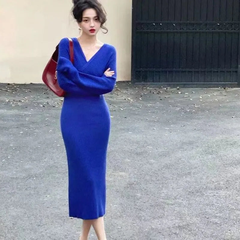 Knitted Long V-Neck Solid Dress