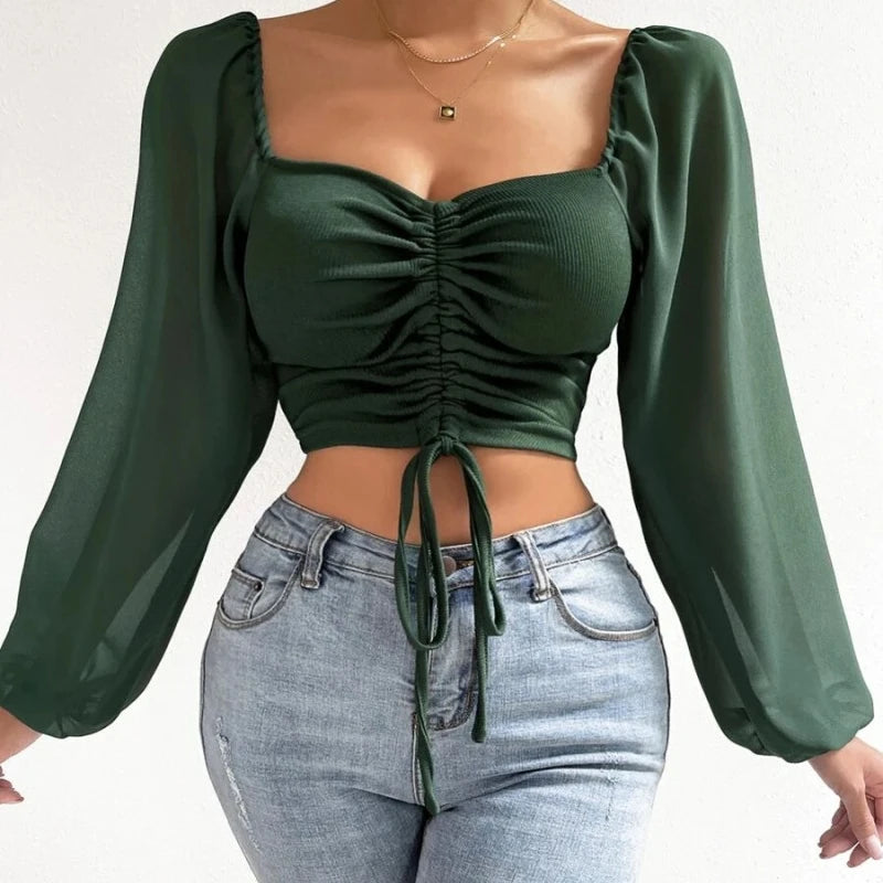 Puff-Sleeve Close-Fitting Lace-Up Top