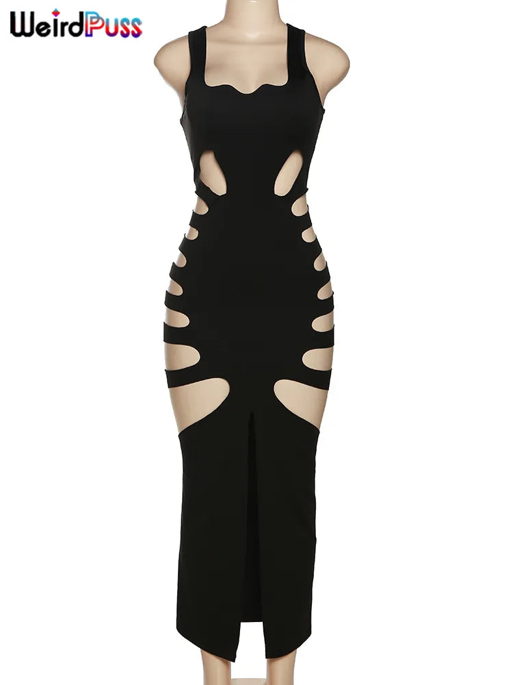 Sleeveless Split Solid Skinny Stretch Maxi Bodycon Clubwear