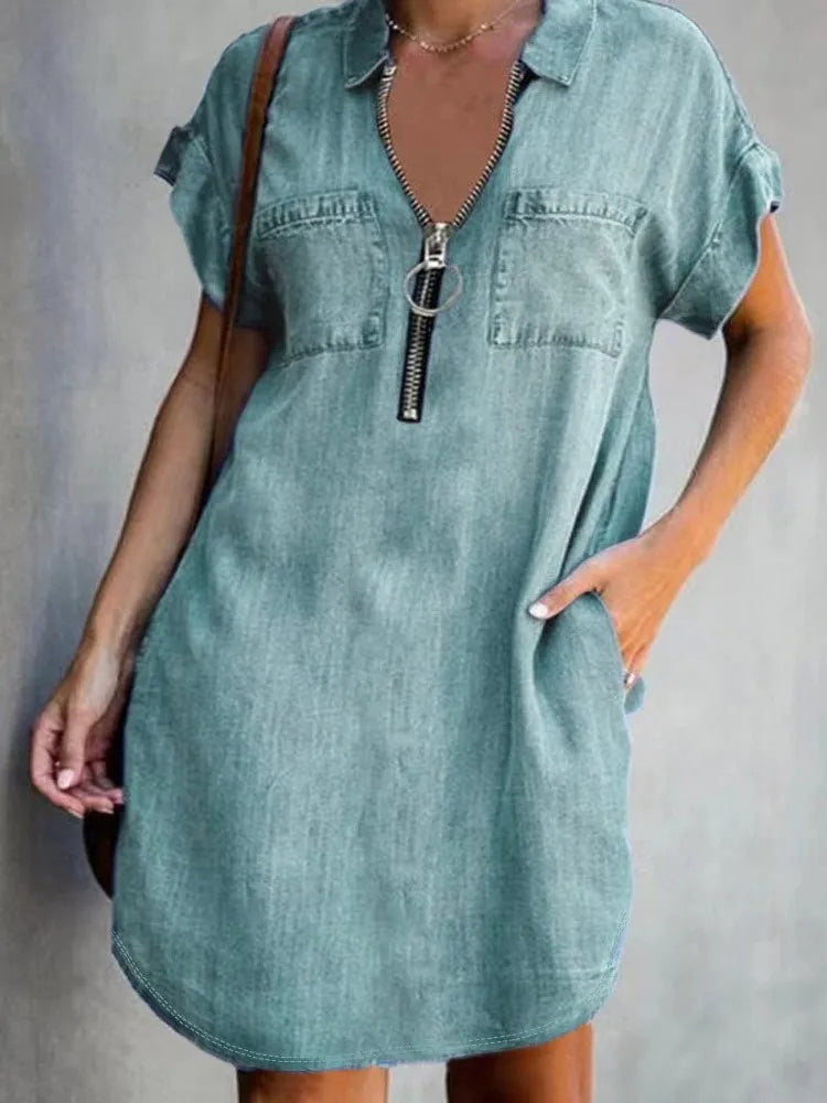 Short-Sleeve Turn-Down Collar Zipper Loose Dress - Imitation Denim