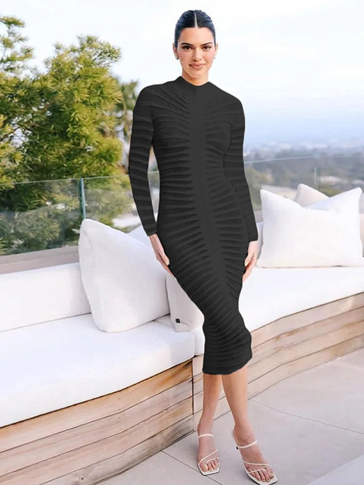 Sexy Knitted Long-Sleeve Hip Package Slim Midi Elegant Dress