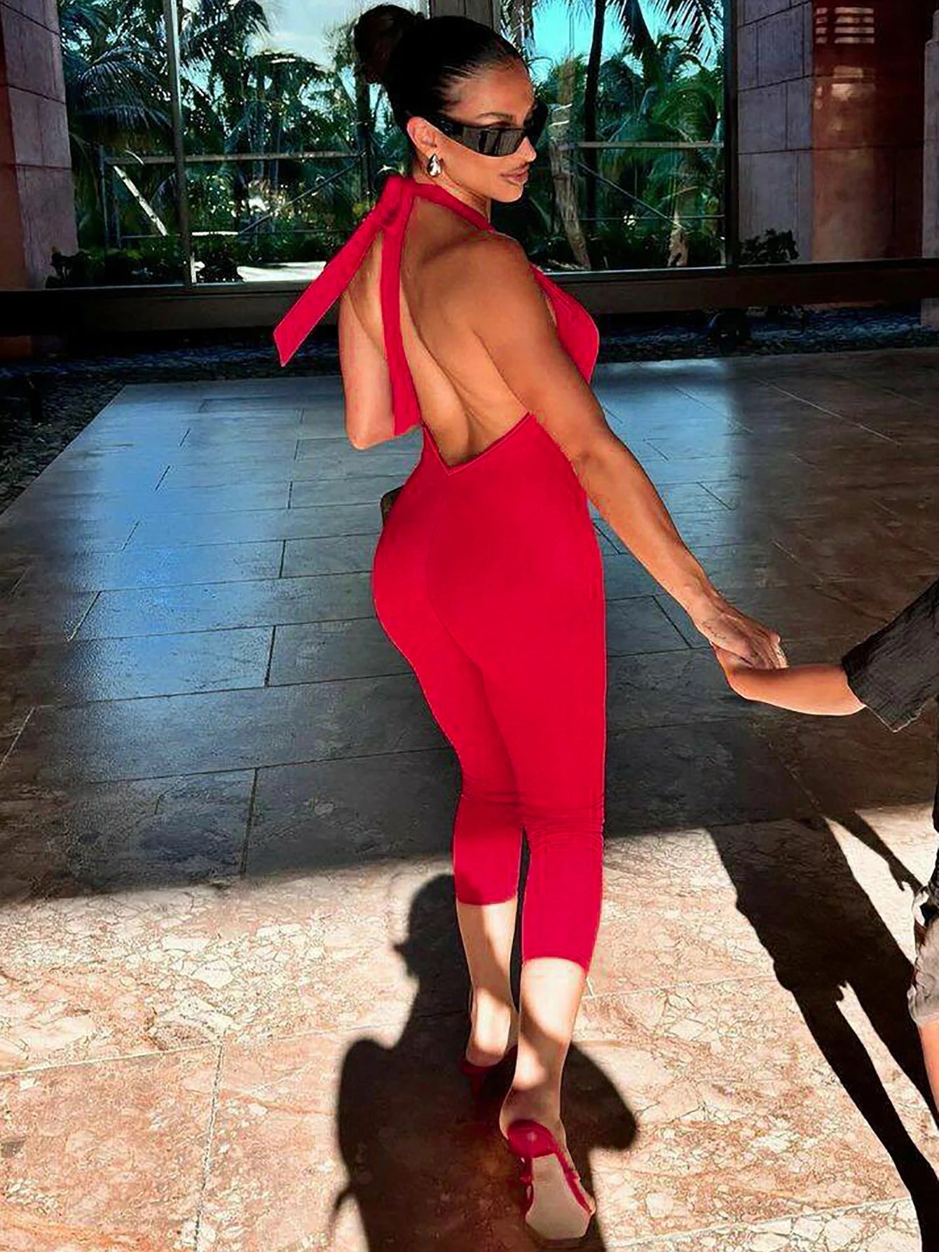 Sleeveless Halter Backless Lace-Up Jumpsuit