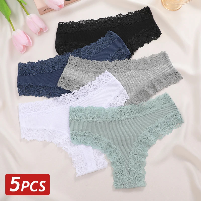 5PCS Brazilian Low-Waist Lace Elastic Thongs