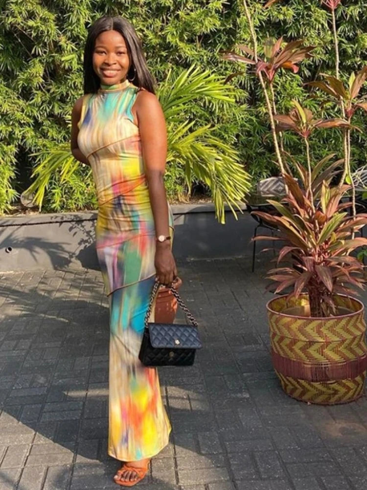 Kliou Aesthetic Colourful Tie-Dye Bodycon Maxi Dress