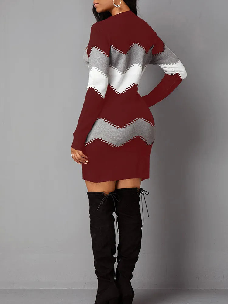 Print Slim Knitted Long-Sleeve O-Neck Elegant Bodycon Package Hips Mini Dress