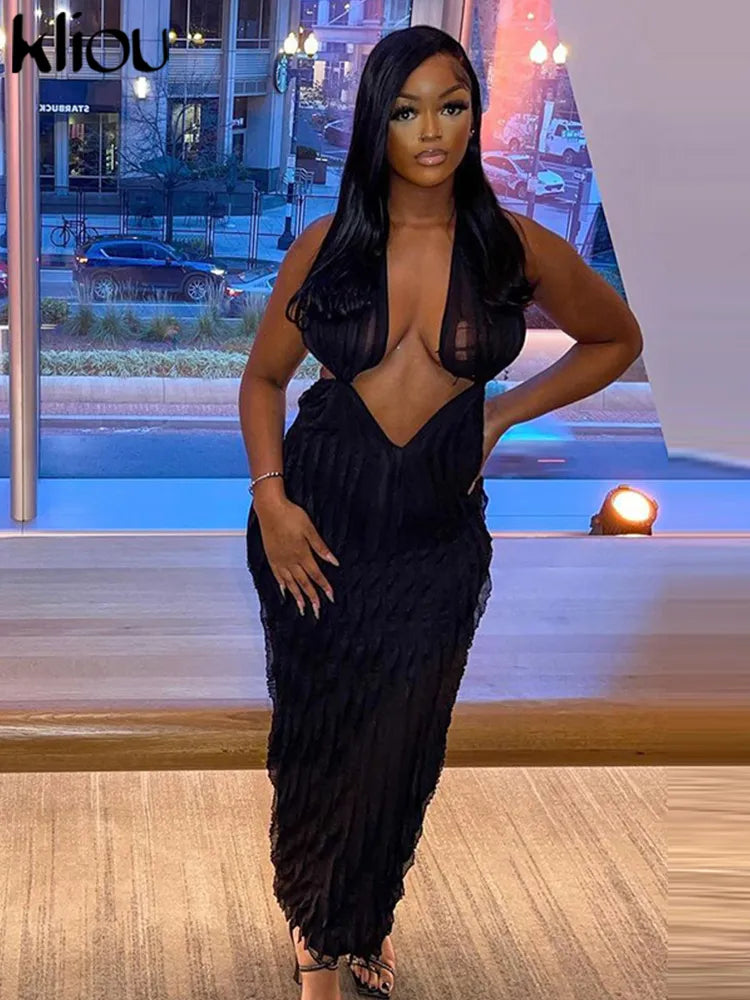 Kliou Solid Elegant Halter Maxi Dress - Sexy Cleavage Deep V-Neck Backless Skinny Robe