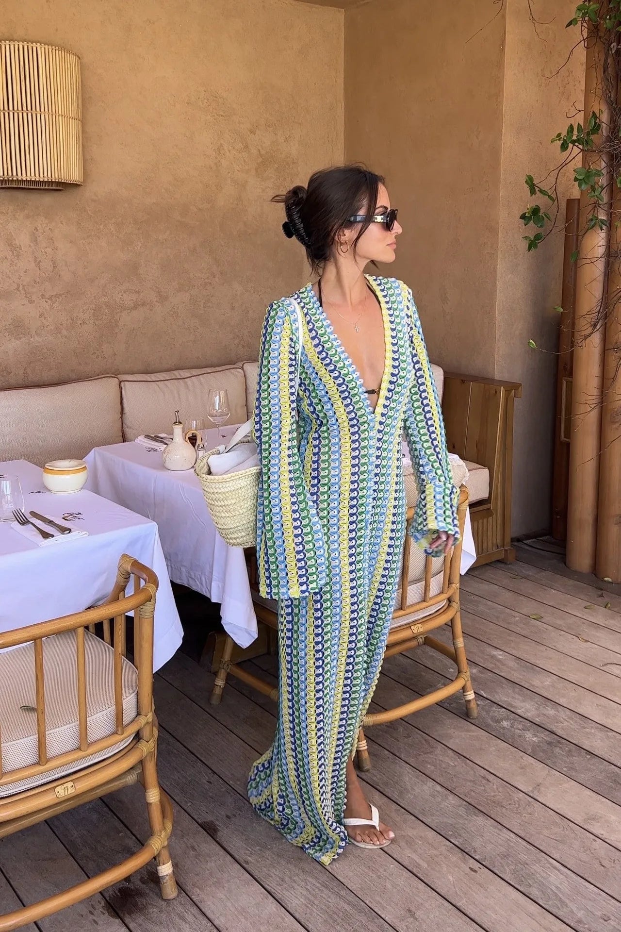 Crochet Colourful Stripe Maxi Women's Dress - Flare-Sleeve V-Neck High-Split Sexy Long Dress