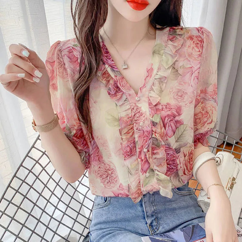 Floral Print Elegant V-Neck Chiffon Blouse
