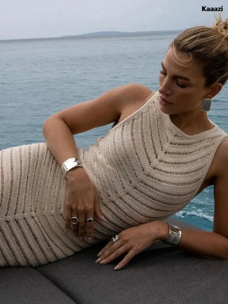 Double-Split Mesh Knitted Round-Neck Sleeveless Vest Dress