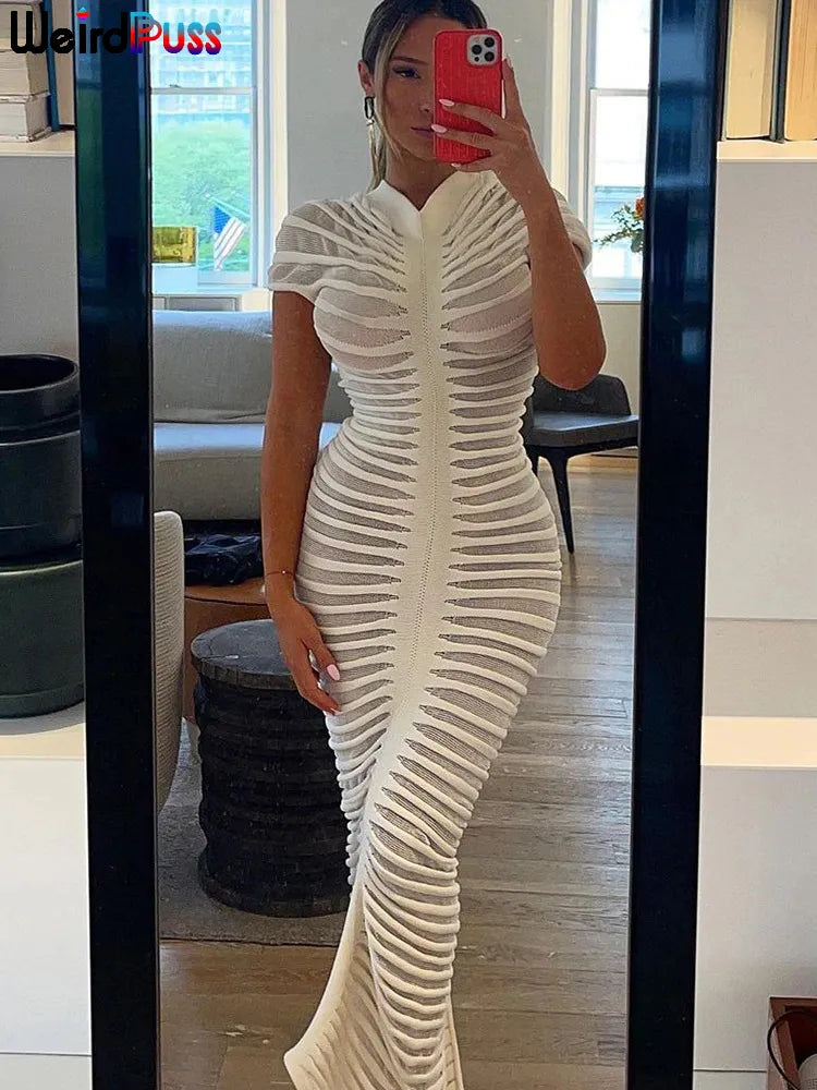 Knit Short-Sleeve Elegant Striped See-Through Solid Skinny Elastic O-Neck Bodycon Dress