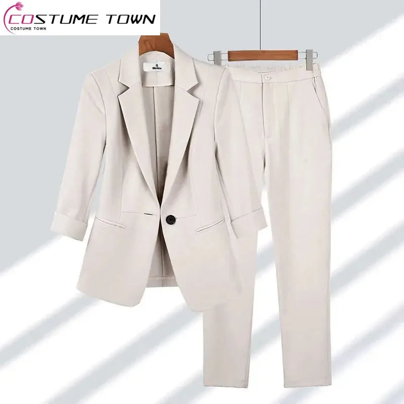 Thin Blazer + Casual Wide-Leg Pants - Two-Piece Women's Office Outfit