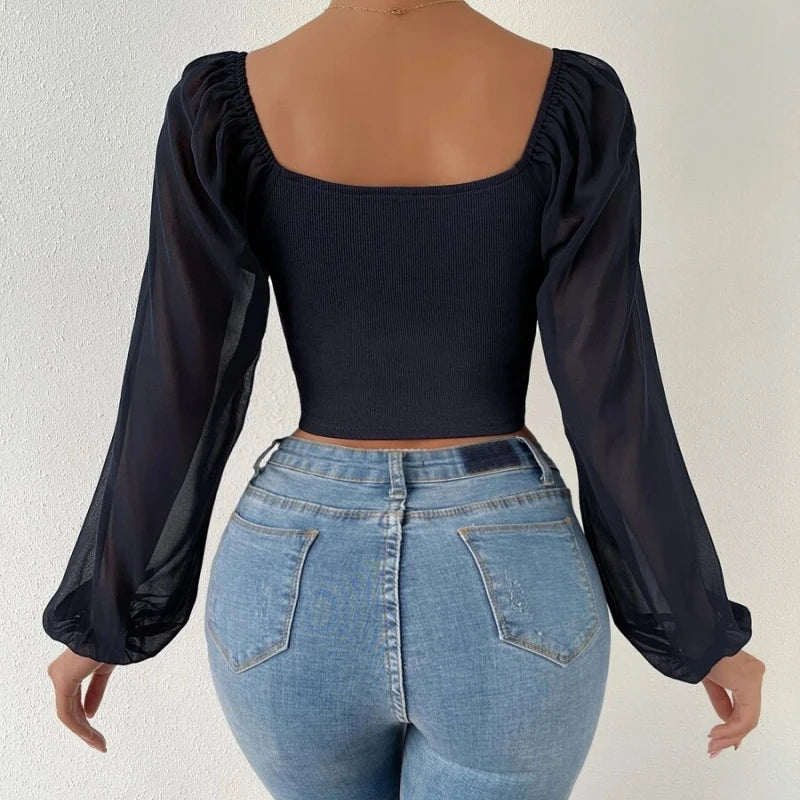 Puff-Sleeve Close-Fitting Lace-Up Top