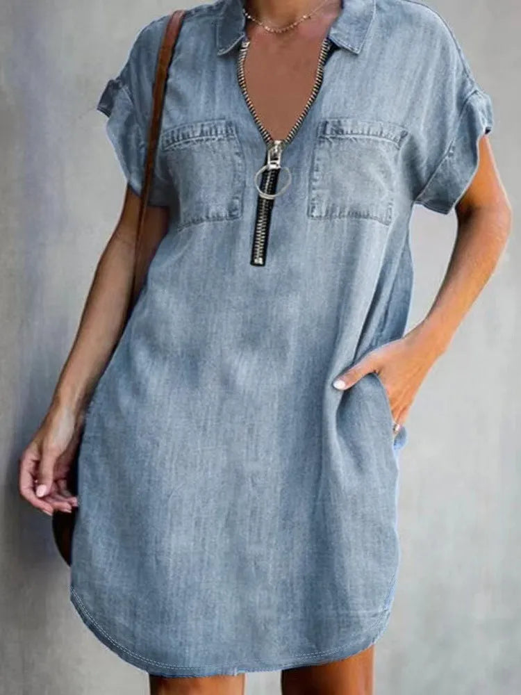 Short-Sleeve Turn-Down Collar Zipper Loose Dress - Imitation Denim