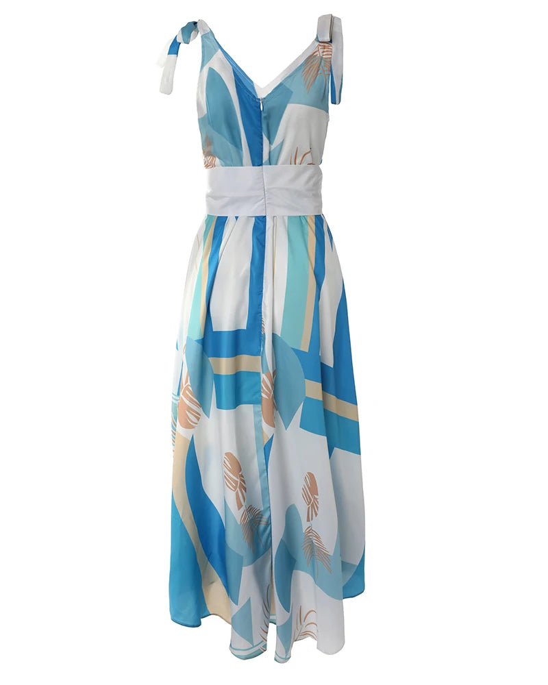 Print Sleeveless V-Neck Tie-Up Maxi Dress With Belt