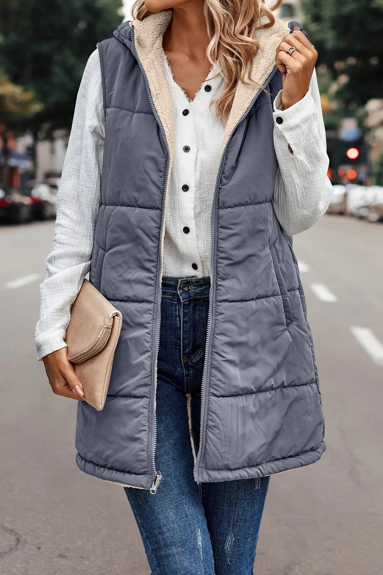 Hooded Reversible Sleeveless Faux Wool Vest Jacket